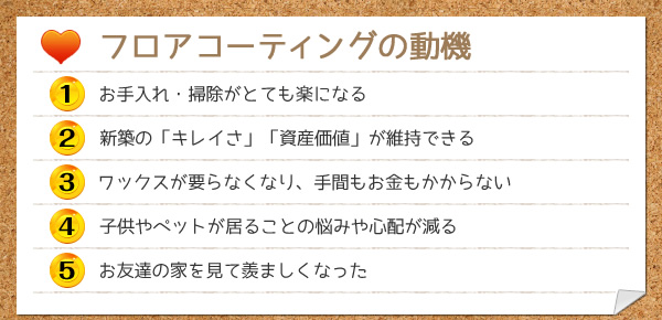 フロアコーティングの動機：1.お手入れ・掃除がとても楽になる。2.新築のキレイさ資産価値が維持できる。3.ワックスが要らなくなり、手間もお金もかからない。4.子供やペットが居ることの悩みや心配が減る。5.お友達の家を見て羨ましくなった。